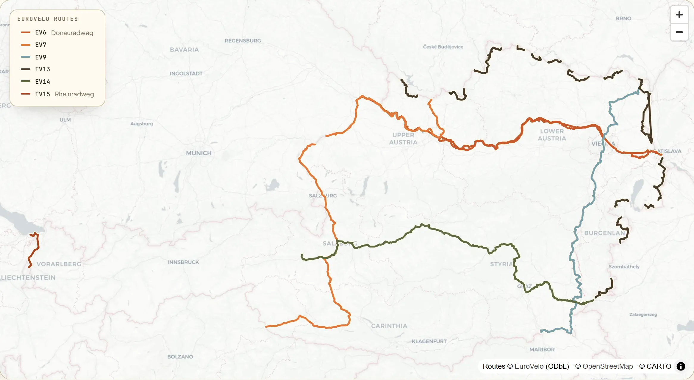 Map of Austria with six signed EuroVelo routes — the Donauradweg (EV6) down the Danube from Passau to Hainburg, the Sun Route (EV7) on the long diagonal from the Czech border to the Italian border, the Baltic–Adriatic (EV9) through Vienna to Slovenia, the Iron Curtain Trail (EV13) along the northern and eastern border, the Waters of Central Europe (EV14) from Zell am See to Hungary, and the short Rheinradweg (EV15) in Vorarlberg.