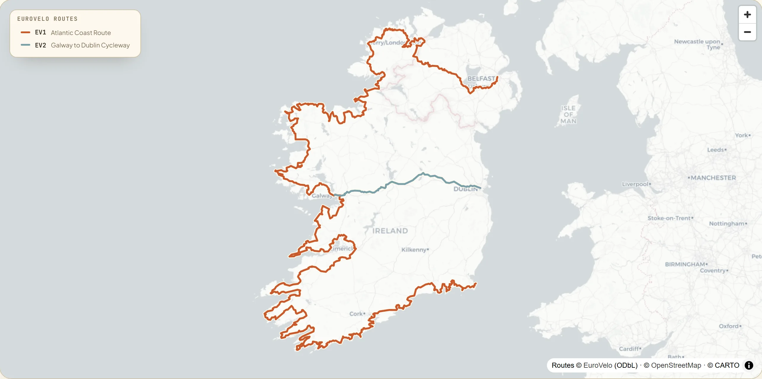 Map of the island of Ireland with two signed EuroVelo routes — the Atlantic Coast Route (EV1) from Rosslare Harbour up the south and west coasts through Cork, the Cliffs of Moher, Connemara and Donegal to Derry/Londonderry, and the Galway to Dublin Cycleway (EV2) running flat across the midlands from Dublin through Mullingar and Athlone to Galway.