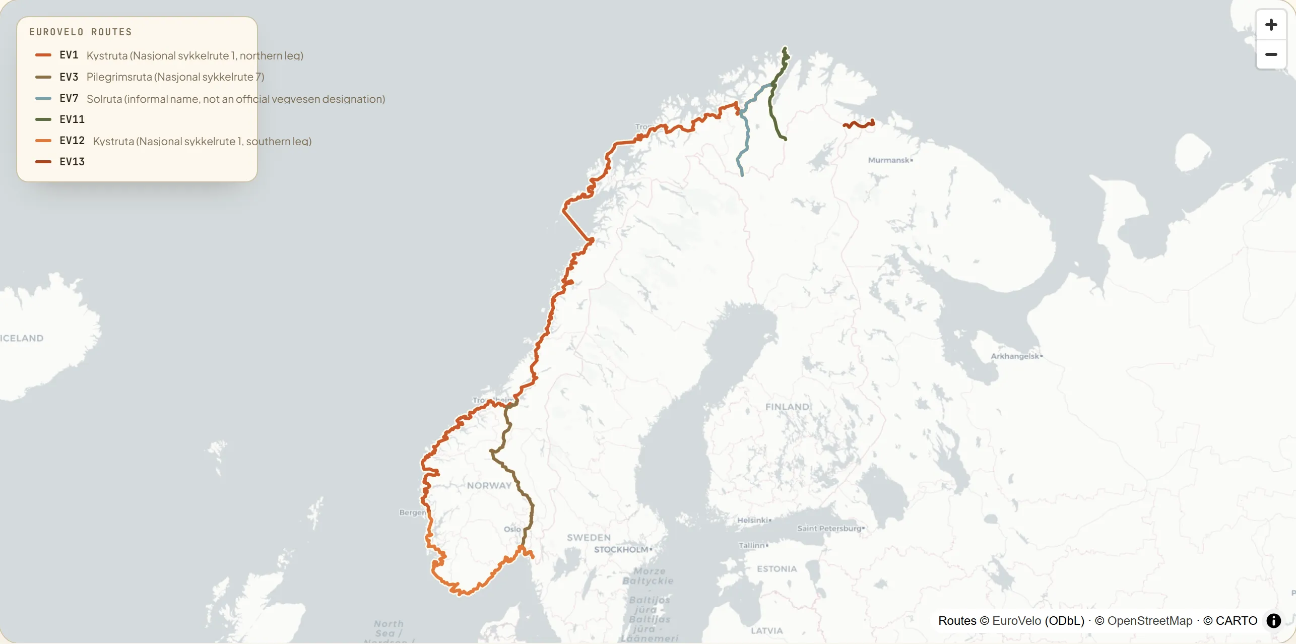 Map of Norway with six signed EuroVelo routes — EV1 the Atlantic Coast Route (Kystruta) from North Cape down the west coast to Bergen, EV3 the Pilgrims Route from Trondheim south to Halden at the Swedish border, EV7 the Sun Route from North Cape south-east through Finnmark to Neiden, EV11 the East Europe Route from North Cape south to Karigasniemi on the Finnish border, EV12 the North Sea Cycle Route from Bergen south along the coast to Svinesund, and EV13 the short Iron Curtain Trail from Grense Jakobselv on the Barents Sea to Neiden.