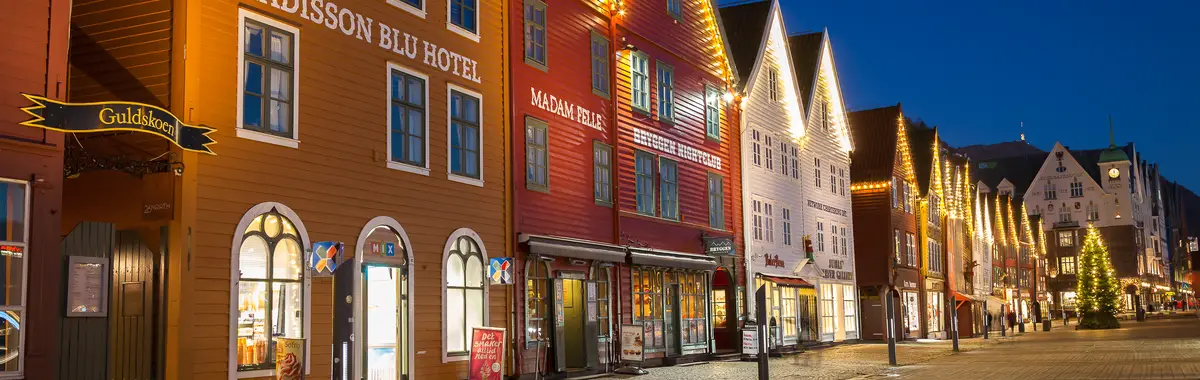 Bryggen Hanseatic wharf (UNESCO World Heritage Site), Bergen — start of EV12