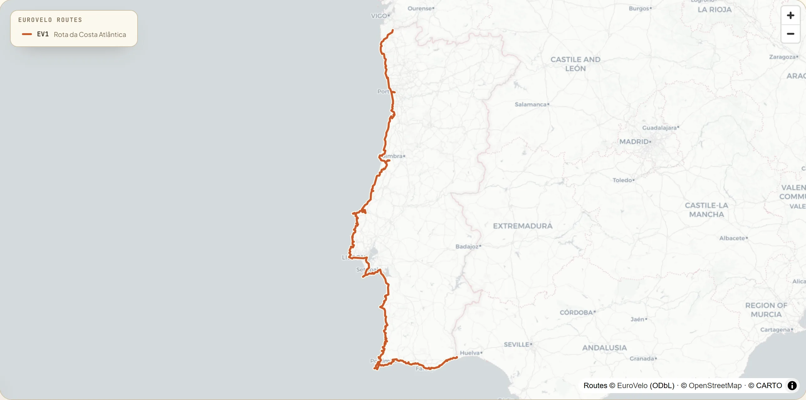 Map of mainland Portugal with the single signed EuroVelo route — EV1, the Atlantic Coast Route — drawn down the full Atlantic coast from Caminha in the north to Sagres in the south-west.