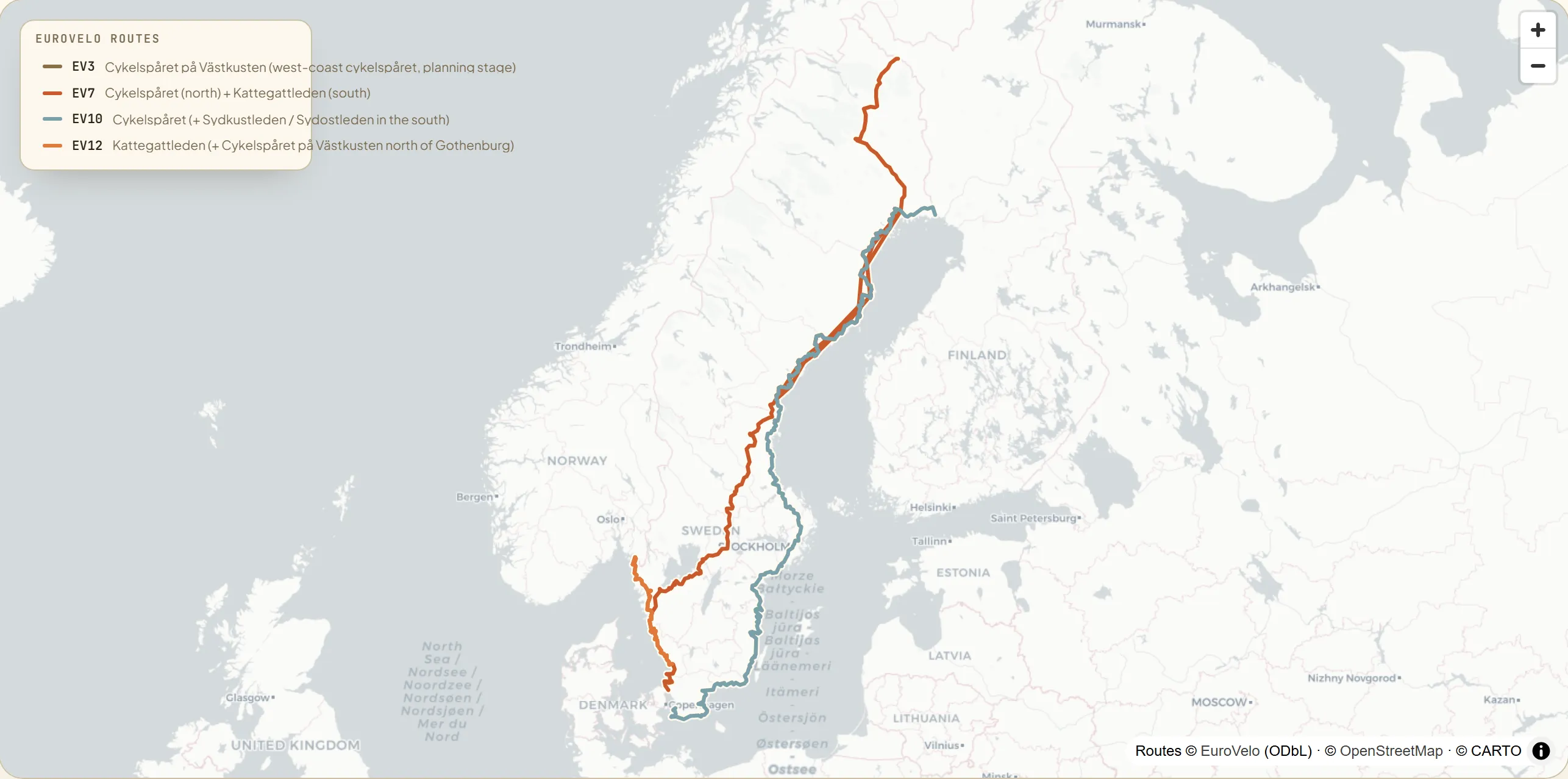 Map of Sweden with four signed EuroVelo routes — EV3 the Pilgrims Route (Cykelspåret på Västkusten) from Strömstad at the Norwegian border down the Bohuslän coast to Gothenburg, EV7 the Sun Route from Haparanda on the Finnish border the full length of the country to Helsingborg, EV10 the Baltic Sea Cycle Route from Ystad up the east coast past Stockholm to Haparanda, and EV12 the North Sea Cycle Route on Kattegattleden from Helsingborg to Gothenburg.