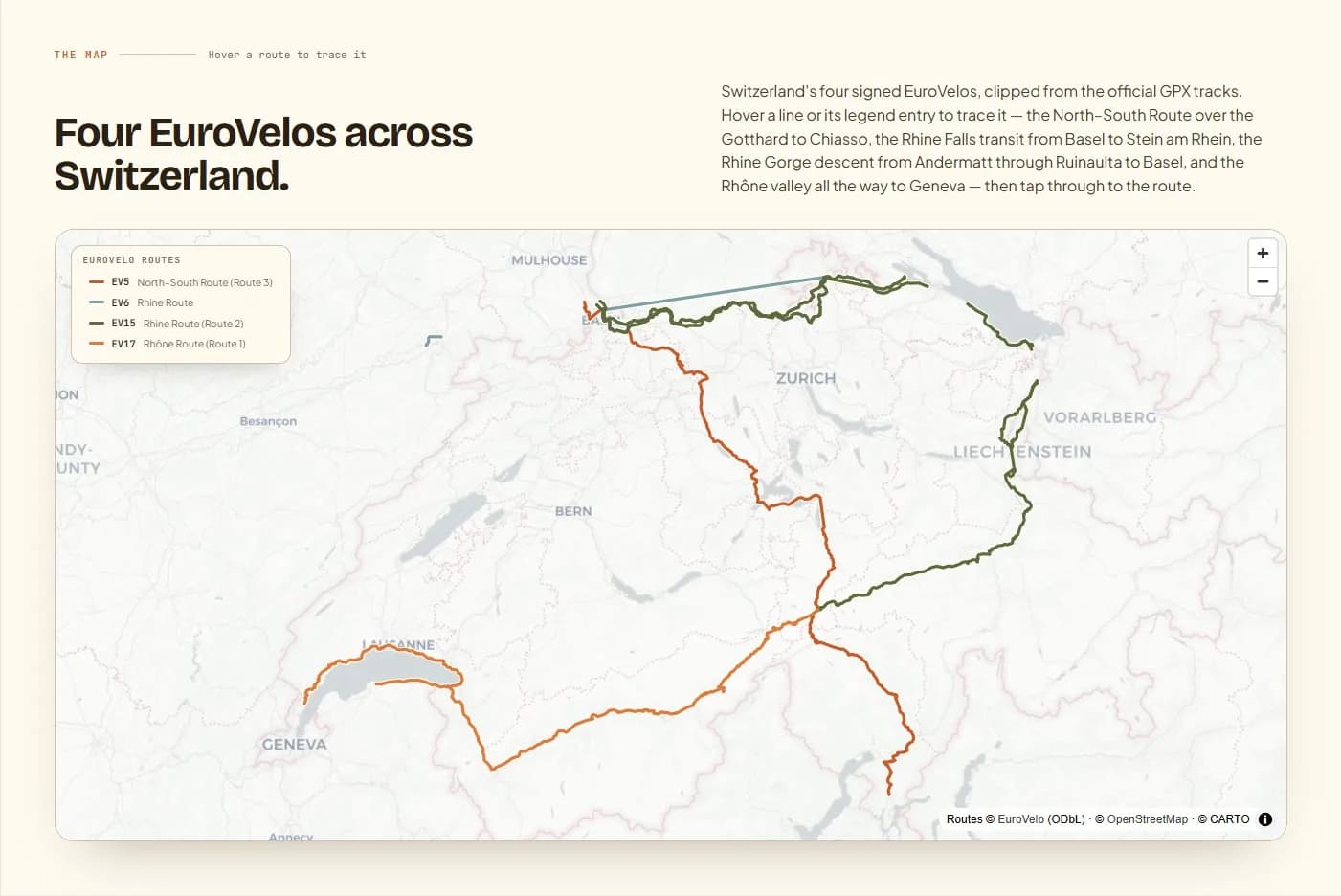 Map of Switzerland with four signed EuroVelo routes — the North–South Route (EV5) from Basel over the Gotthard Pass to Chiasso in Ticino, the short Rhine transit (EV6) from Basel to Stein am Rhein past Rhine Falls, the Rhine Cycle Route (EV15) descending from Andermatt through the Ruinaulta gorge to Basel, and the Rhône Route (EV17) from Andermatt past the Lavaux vineyard terraces to Geneva.