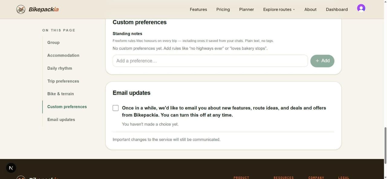 The Custom preferences section of the dashboard: 'Standing notes — freeform rules Mec honours on every trip, including ones it saved from your chats', an 'Add a preference…' field with an Add button, and an Email updates card with an unticked consent checkbox reading 'You haven't made a choice yet.'