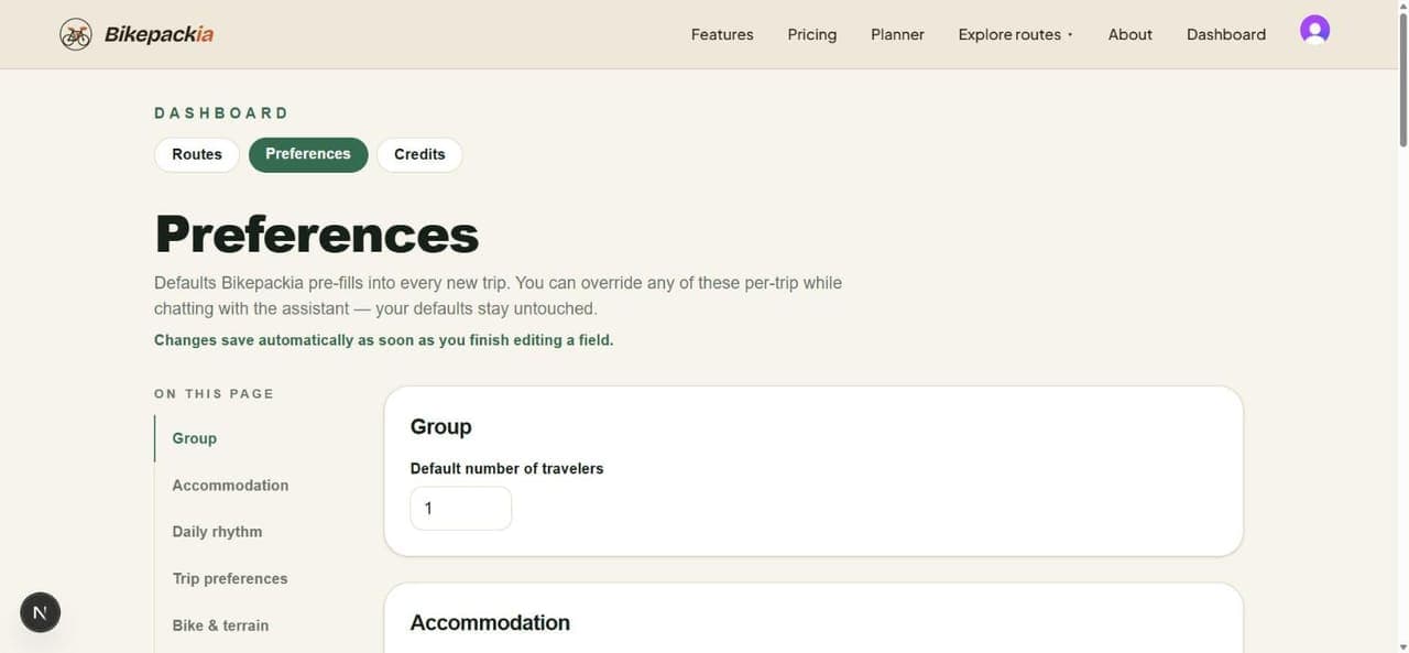 The Preferences tab of the dashboard: a 'Preferences' heading explaining these are defaults pre-filled into every new trip, a note that changes save automatically, an 'ON THIS PAGE' list (Group, Accommodation, Daily rhythm, Trip preferences, Bike & terrain) and a Group card with 'Default number of travelers' set to 1.