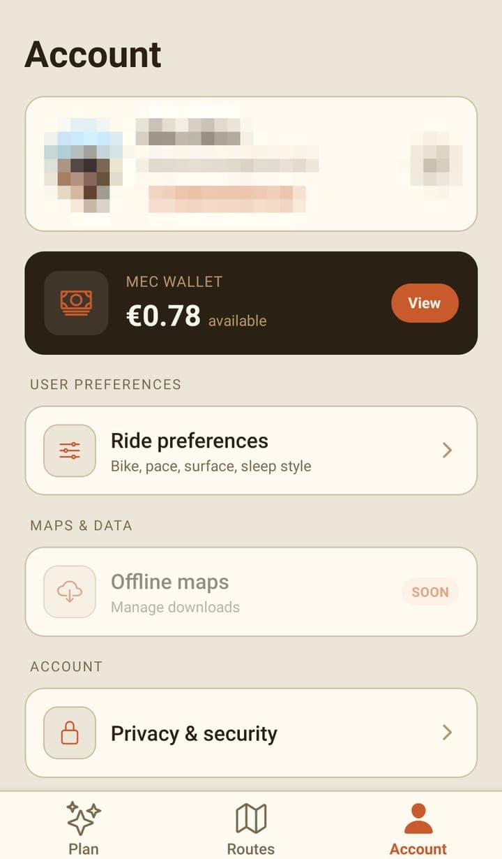 The Account tab with the rider's details pixelated: a profile card, a dark 'MEC WALLET — €0.78 available' card, a 'Ride preferences' row, a greyed-out 'Offline maps' row with a SOON badge, and a 'Privacy & security' row.