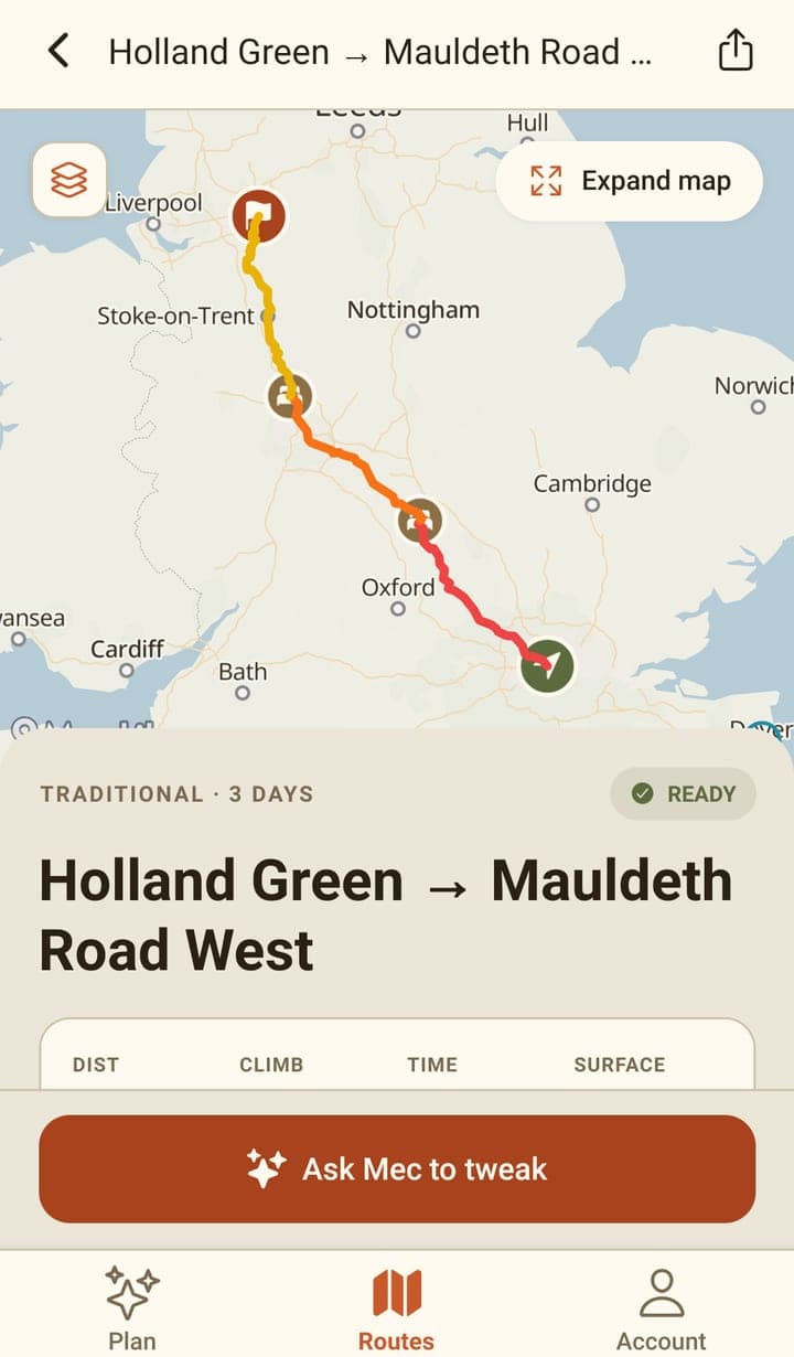 The app's route screen: a three-day route across England drawn in red, orange and yellow day colours with bed markers at each stage end, above the title 'Holland Green → Mauldeth Road West' and a READY badge.