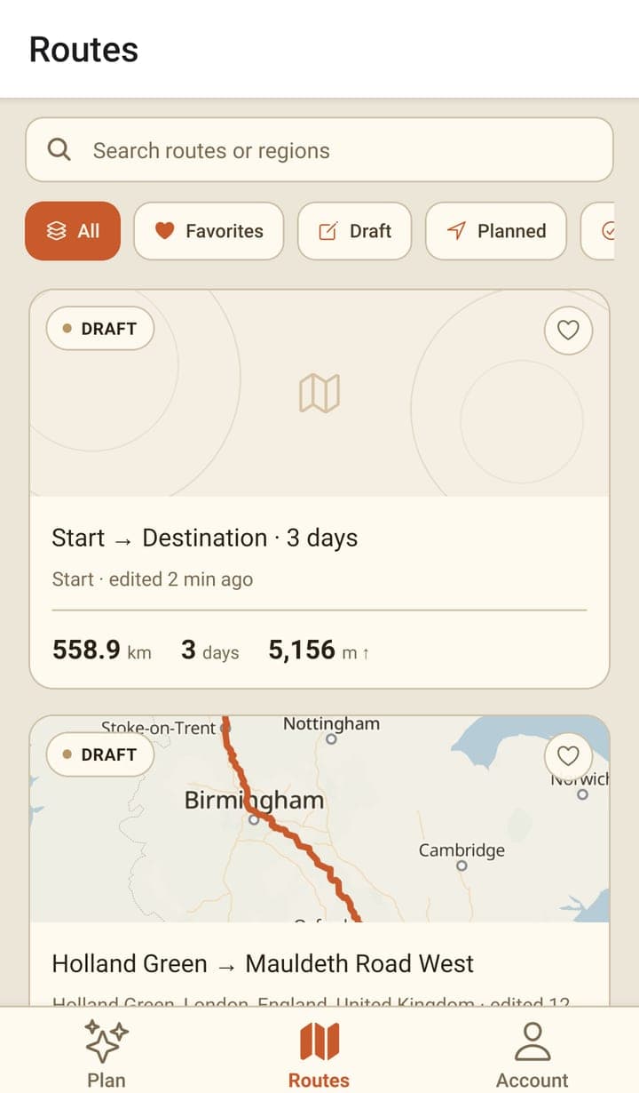 The Routes tab: a 'Search routes or regions' box, filter chips All, Favorites, Draft and Planned, and route cards, the first with a map thumbnail, a DRAFT pill, 'edited 2 min ago' and 558.9 km, 3 days, 5,156 m.