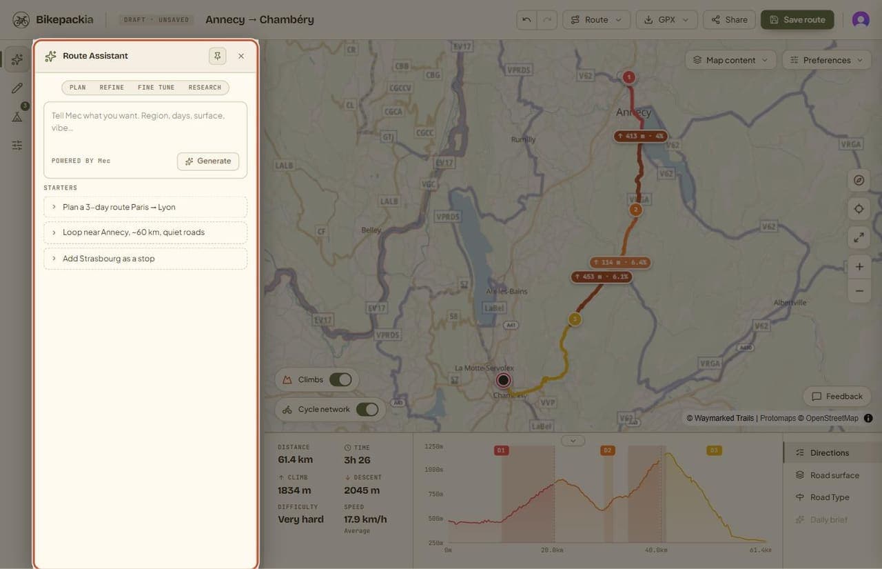 The Route Assistant panel highlighted on the left of the planner: a row of mode pills reading PLAN, REFINE, FINE TUNE and RESEARCH, a text box prompting 'Tell Mec what you want. Region, days, surface, vibe…' with a Generate button, and three starter suggestions.