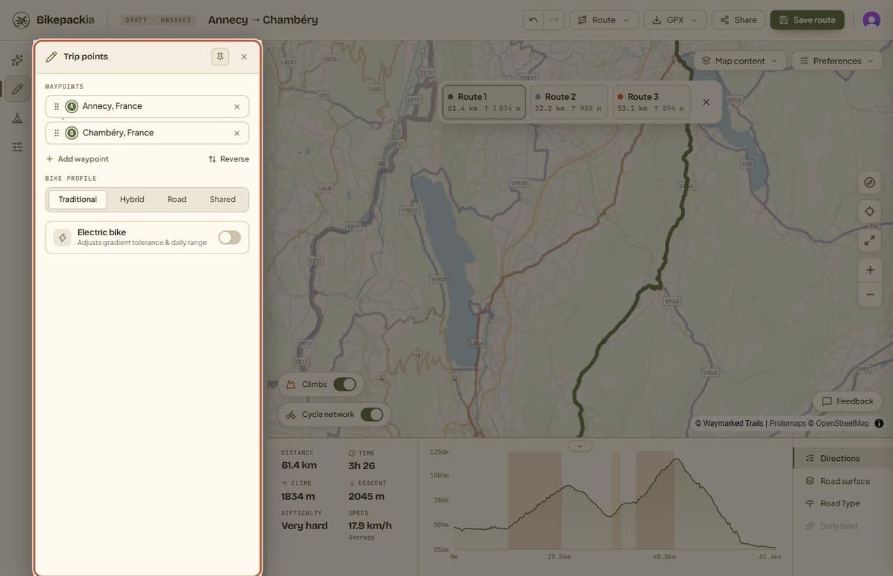 The Trip points panel highlighted: a WAYPOINTS list with 'Annecy, France' as point A and 'Chambéry, France' as point B, an 'Add waypoint' link, a 'Reverse' link, a BIKE PROFILE selector with Traditional, Hybrid, Road and Shared, and an Electric bike toggle.