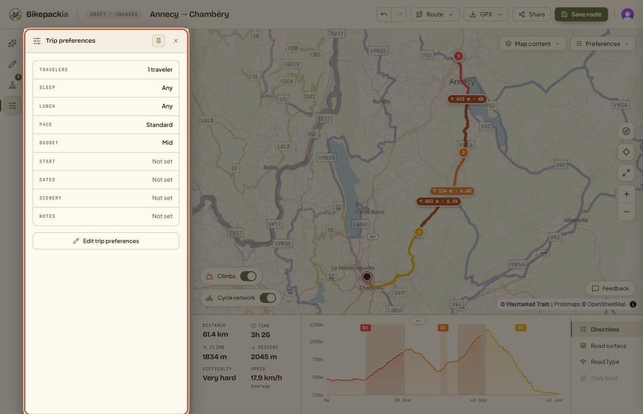 The Trip preferences panel highlighted, listing TRAVELERS (1 traveler), SLEEP (Any), LUNCH (Any), PACE (Standard), BUDGET (Mid), START, DATES, SCENERY and NOTES (all 'Not set'), with an 'Edit trip preferences' button underneath.