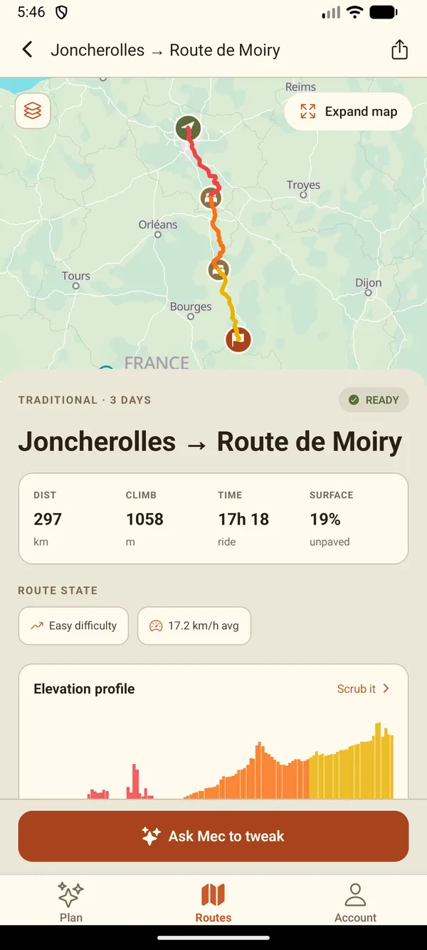 The Bikepackia Android app's route screen: a three-day route across France from Joncherolles to Route de Moiry, drawn on the map in red, orange and yellow day colours with a marker at each stage end, above a READY badge and the trip's numbers — 297 km, 1,058 m of climbing, 17 h 18 of riding and 19% unpaved — and an 'Ask Mec to tweak' button.