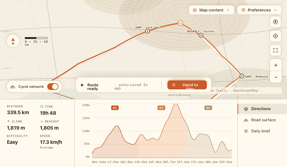 The Bikepackia route planner: a multi-day route drawn on the map with numbered stops, beside a chat panel where Mec drafts the trip from a plain-language brief.