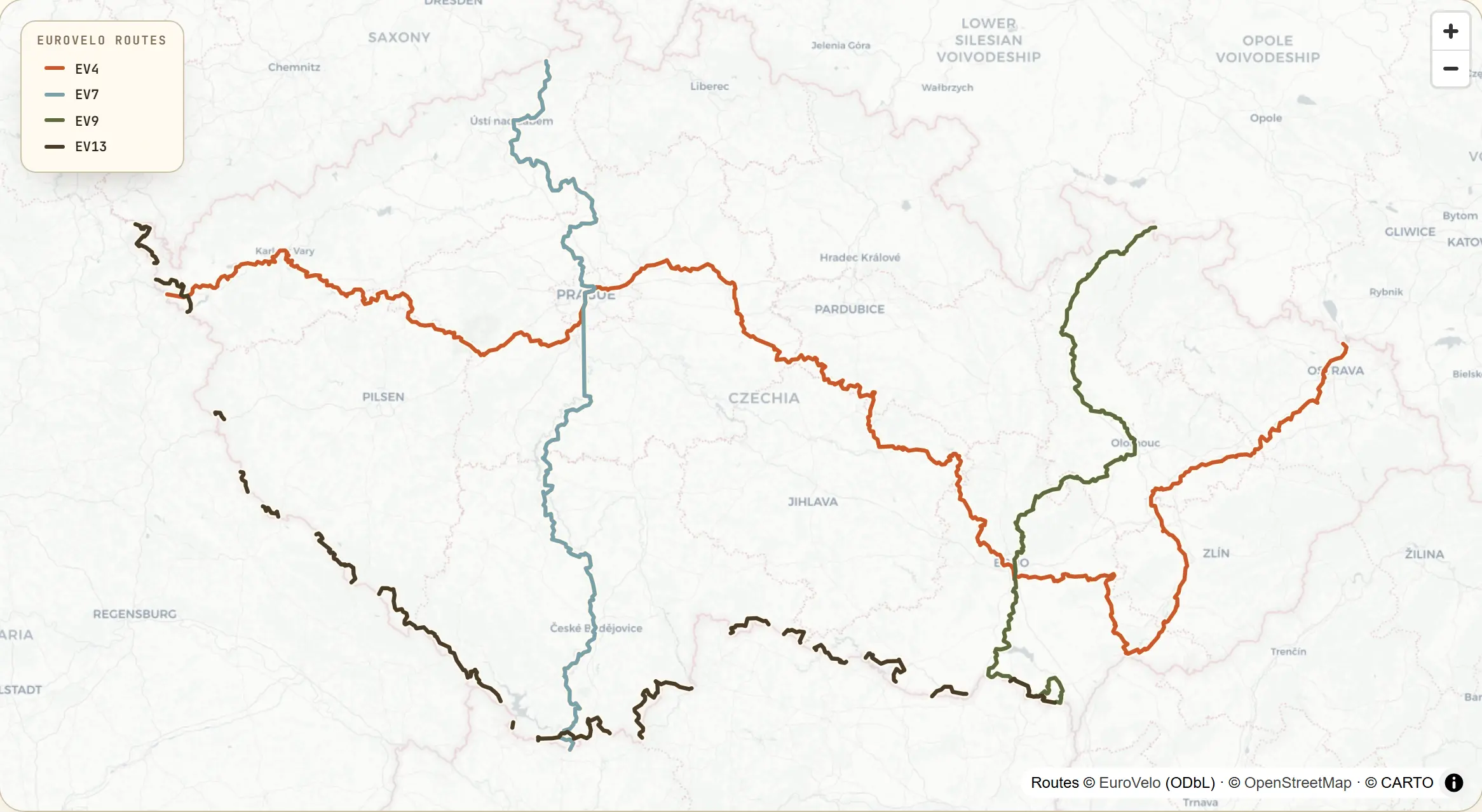 Map of the Czech Republic with four signed EuroVelo routes — the Central Europe Route (EV4) on the long diagonal from Cheb on the German border through Prague and Brno to Ostrava, the Sun Route (EV7) up the Vltava from the Austrian border through Český Krumlov and Prague then down the Elbe to Germany, the Baltic–Adriatic (EV9) down Moravia from the Polish border through Olomouc and Brno to the Austrian border, and the Iron Curtain Trail (EV13) hugging the western and southern frontier to Břeclav.