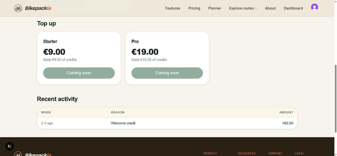 The lower half of the Credits tab: a 'Top up' section with a Starter pack at €9.00 adding €9.00 of credits and a Pro pack at €19.00 adding €19.00 of credits, both with a greyed-out 'Coming soon' button, and a 'Recent activity' table with columns When, Reason and Amount showing '2 d ago — Welcome credit — +€2.00'.