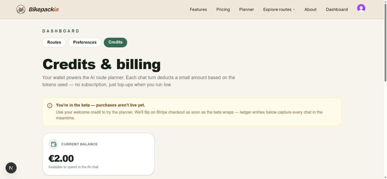 The Credits tab: a 'Credits & billing' heading explaining the wallet powers the AI route planner and each chat turn deducts a small amount, a beta notice reading "You're in the beta — purchases aren't live yet", and a CURRENT BALANCE card showing €2.00 available to spend in the AI chat.