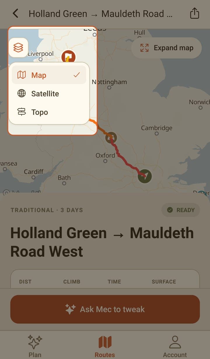 The route screen with everything dimmed except the open map-layer menu in the top-left corner, which lists Map (ticked), Satellite and Topo.