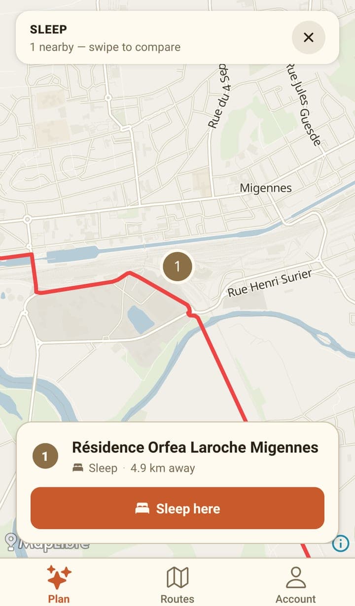 The place picker: a map around Migennes in France with the route in red and a numbered brown pin, and a card reading 'Résidence Orfea Laroche Migennes', 'Sleep · 4.9 km away', with a 'Sleep here' button. The header reads 'SLEEP — 1 nearby, swipe to compare'.