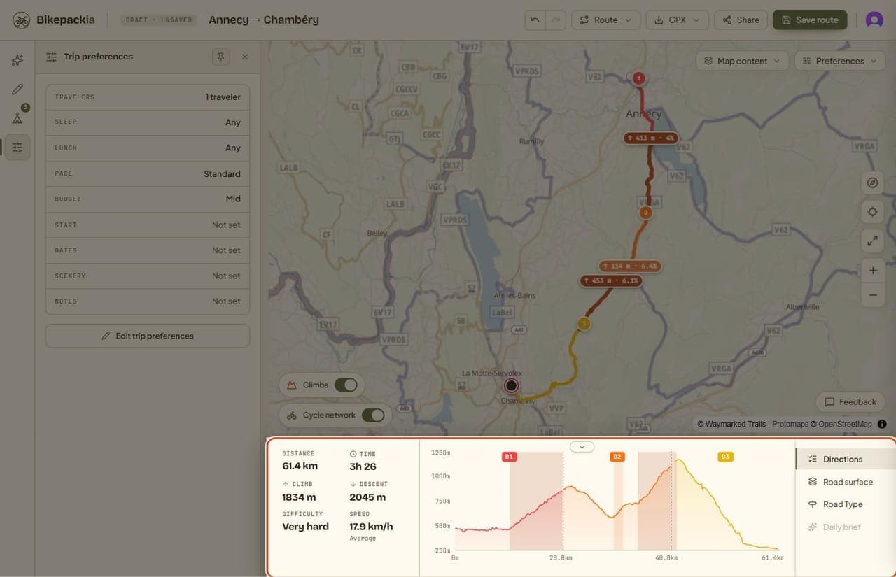 The stats bar highlighted below the map: DISTANCE 61.4 km, TIME 3h 26, CLIMB 1834 m, DESCENT 2045 m, DIFFICULTY 'Very hard', SPEED 17.9 km/h average, an elevation profile banded and labelled D1, D2 and D3, and tabs for Directions, Road surface, Road Type and Daily brief.