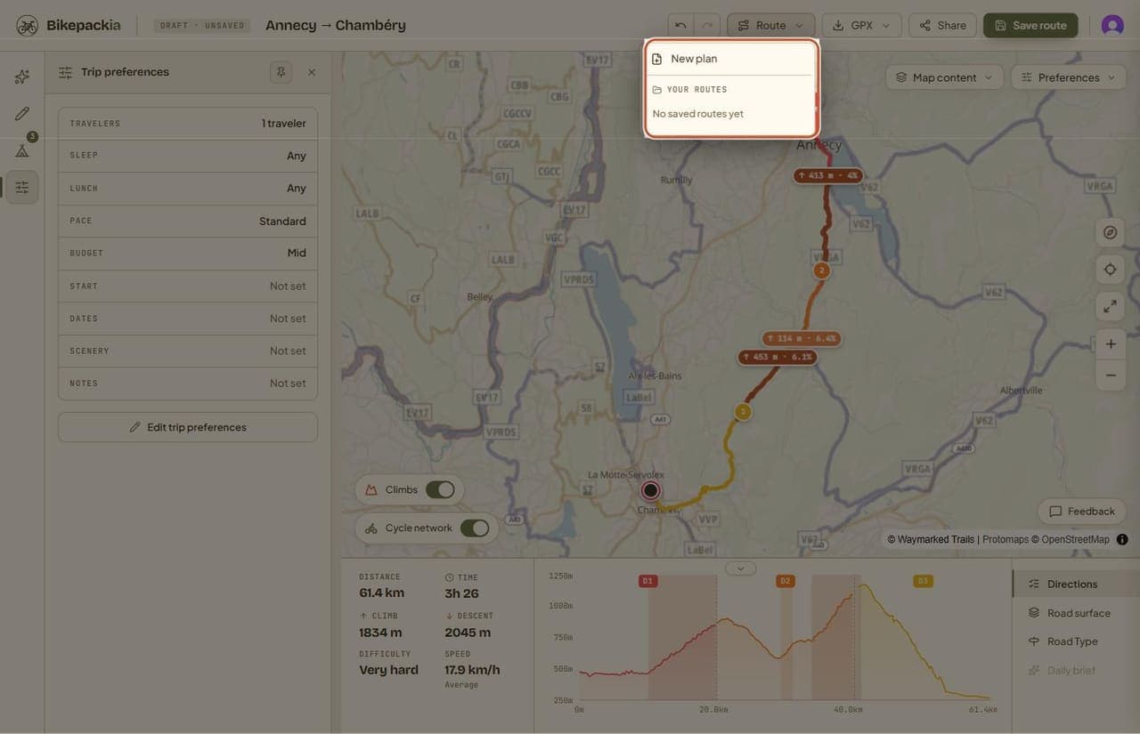 The Route menu open in the top bar, showing 'New plan' and a 'Your routes' list that reads 'No saved routes yet'.