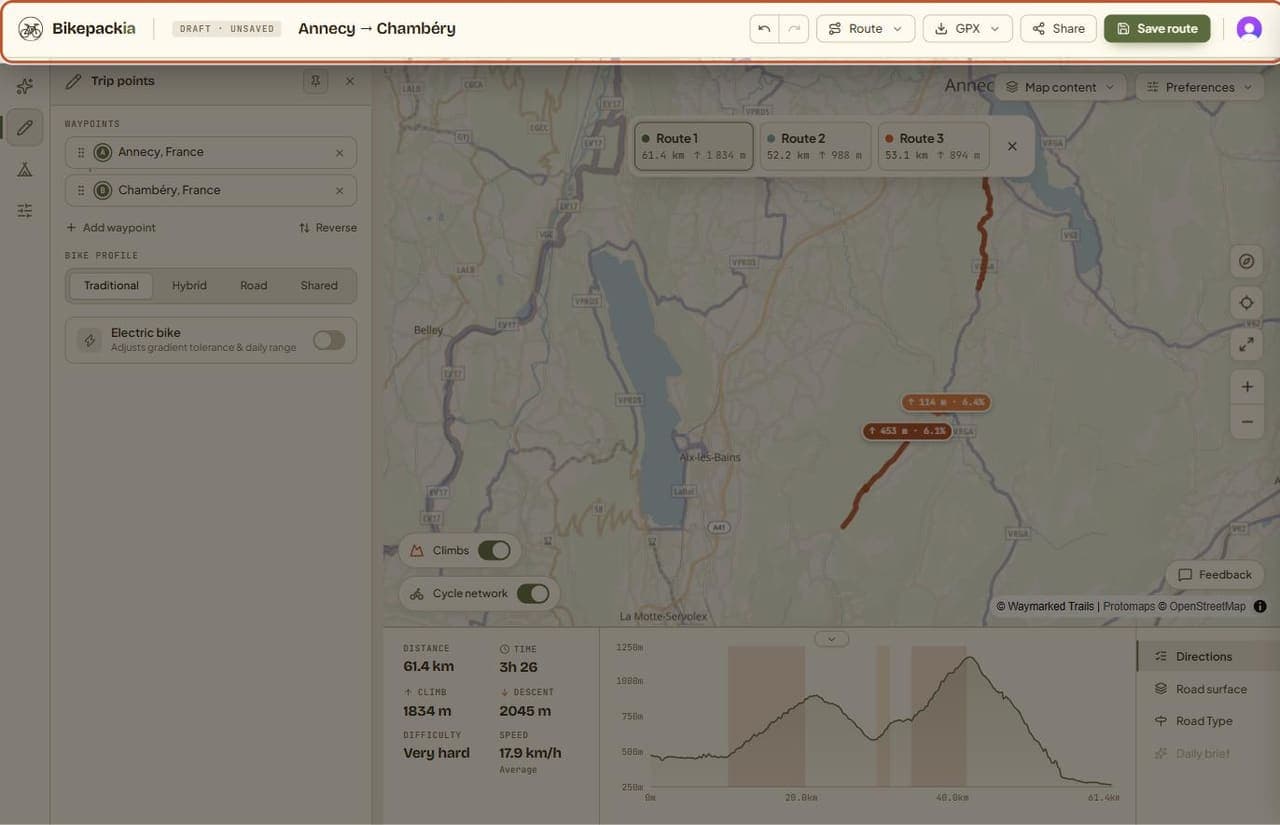 The Bikepackia planner with the top bar highlighted: the Bikepackia logo, a DRAFT · UNSAVED tag, the route name 'Annecy → Chambéry', undo and redo arrows, the Route and GPX menus, and the Share and Save route buttons.