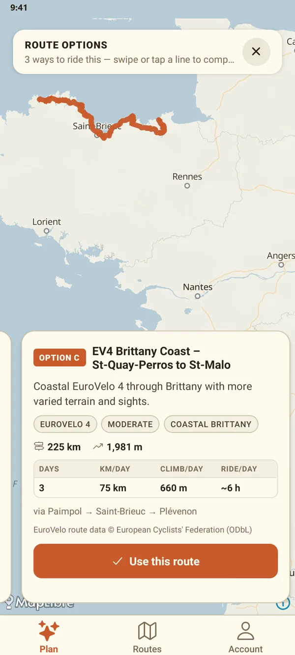 Coastal routes from Mec's route library on the map, with the card for Option C, 'EV4 Brittany Coast – St-Quay-Perros to St-Malo': 225 km over 3 days on EuroVelo 4.