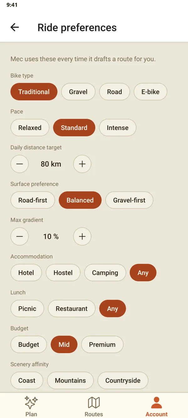 The Ride preferences screen, headed 'Mec uses these every time it drafts a route for you', with choices for bike type, pace, daily distance, surface, max gradient, accommodation, lunch and budget.