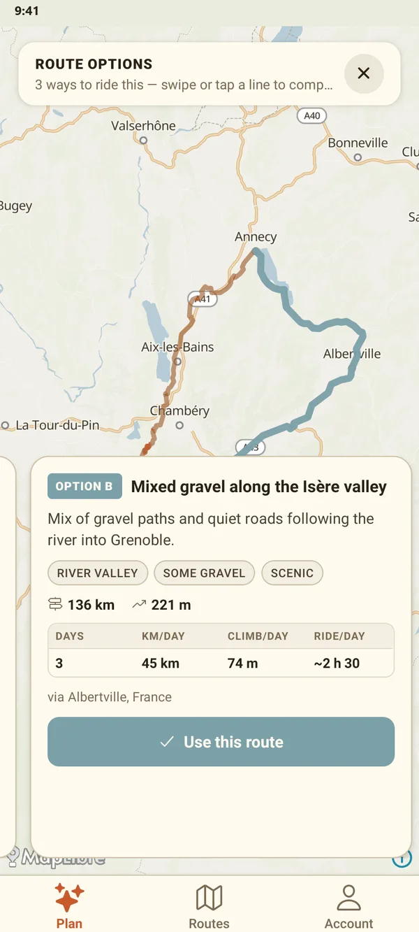 Route options on the map between Annecy and Grenoble, with the card for Option B, 'Mixed gravel along the Isère valley': 136 km over 3 days, 45 km and 74 m of climbing a day, and a Use this route button.