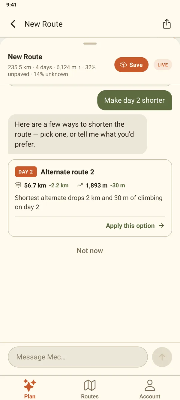 The rider asks Mec to make day 2 shorter, and Mec offers an alternate route for day 2: 56.7 km, 2.2 km and 30 m of climbing less, with an Apply this option button.