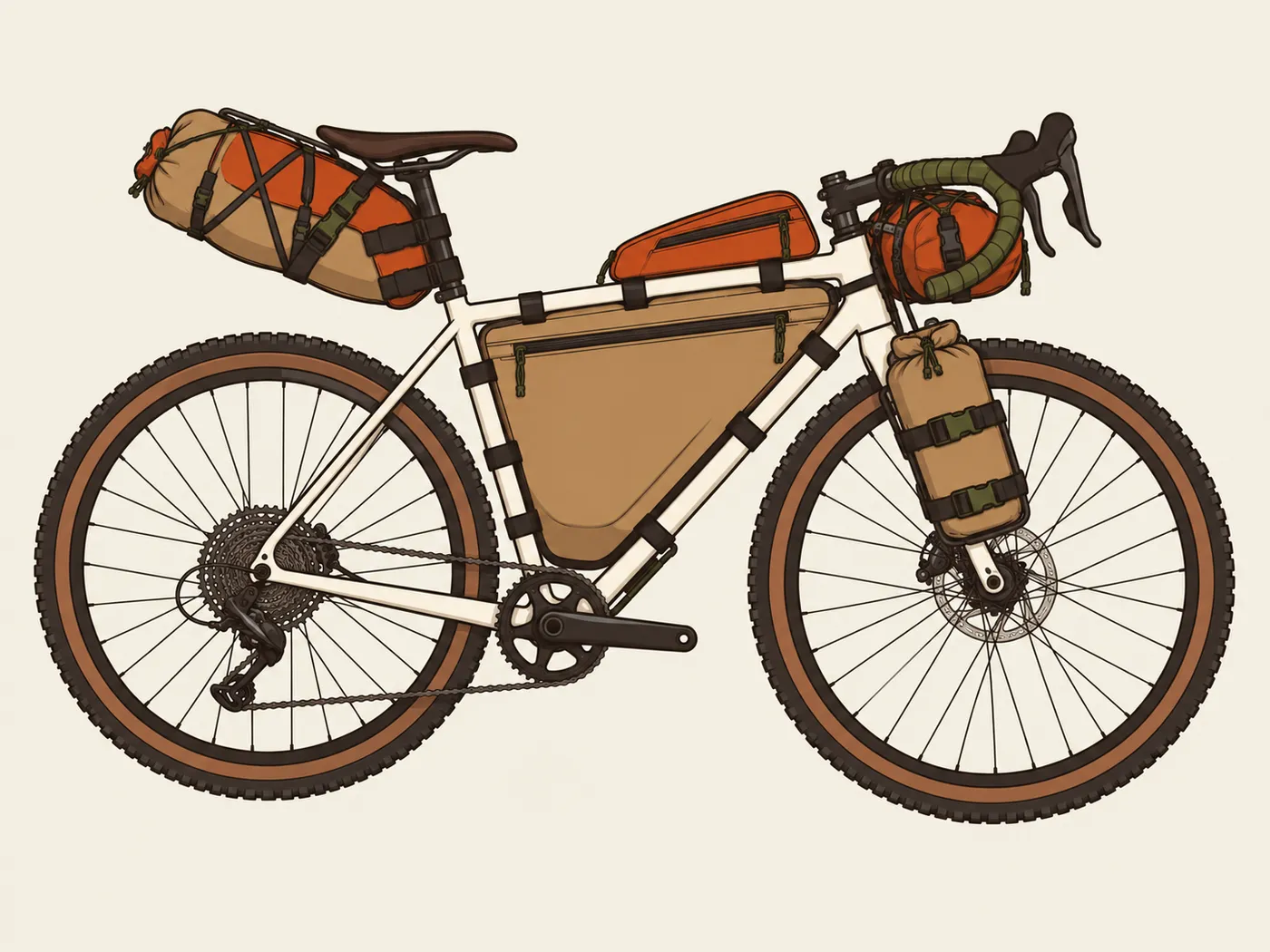 Illustration of a drop-bar gravel bike on knobby tyres, carrying a full frame bag, a top-tube bag, a large saddle pack, a handlebar roll and a cargo bag on the fork.