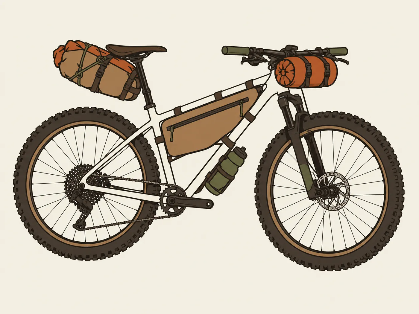 Illustration of a hardtail mountain bike with a suspension fork and chunky tyres, carrying a frame bag, a handlebar roll and a seat pack.