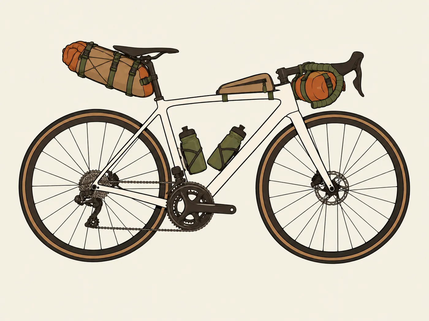 Illustration of a drop-bar road bike packed light, with a slim handlebar roll, a top-tube bag, a large seat pack and two bottles.