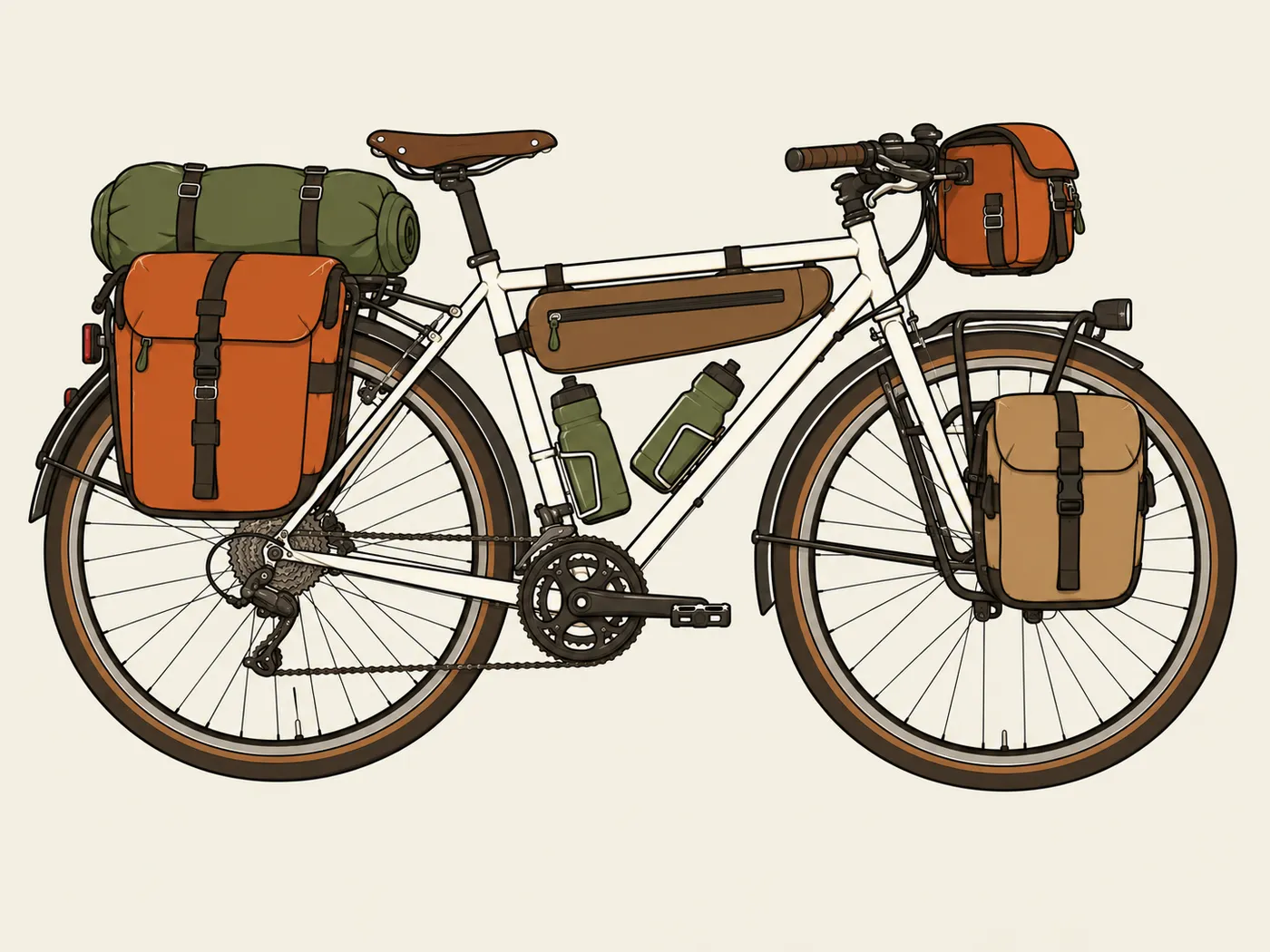 Illustration of a touring bike loaded for a long trip: front and rear panniers, a rolled dry bag on the rear rack, a frame bag, a handlebar bag and two bottles.